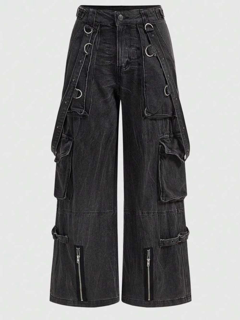 Grunge Punk Black Cargo Jeans Pants, XXS Size 0